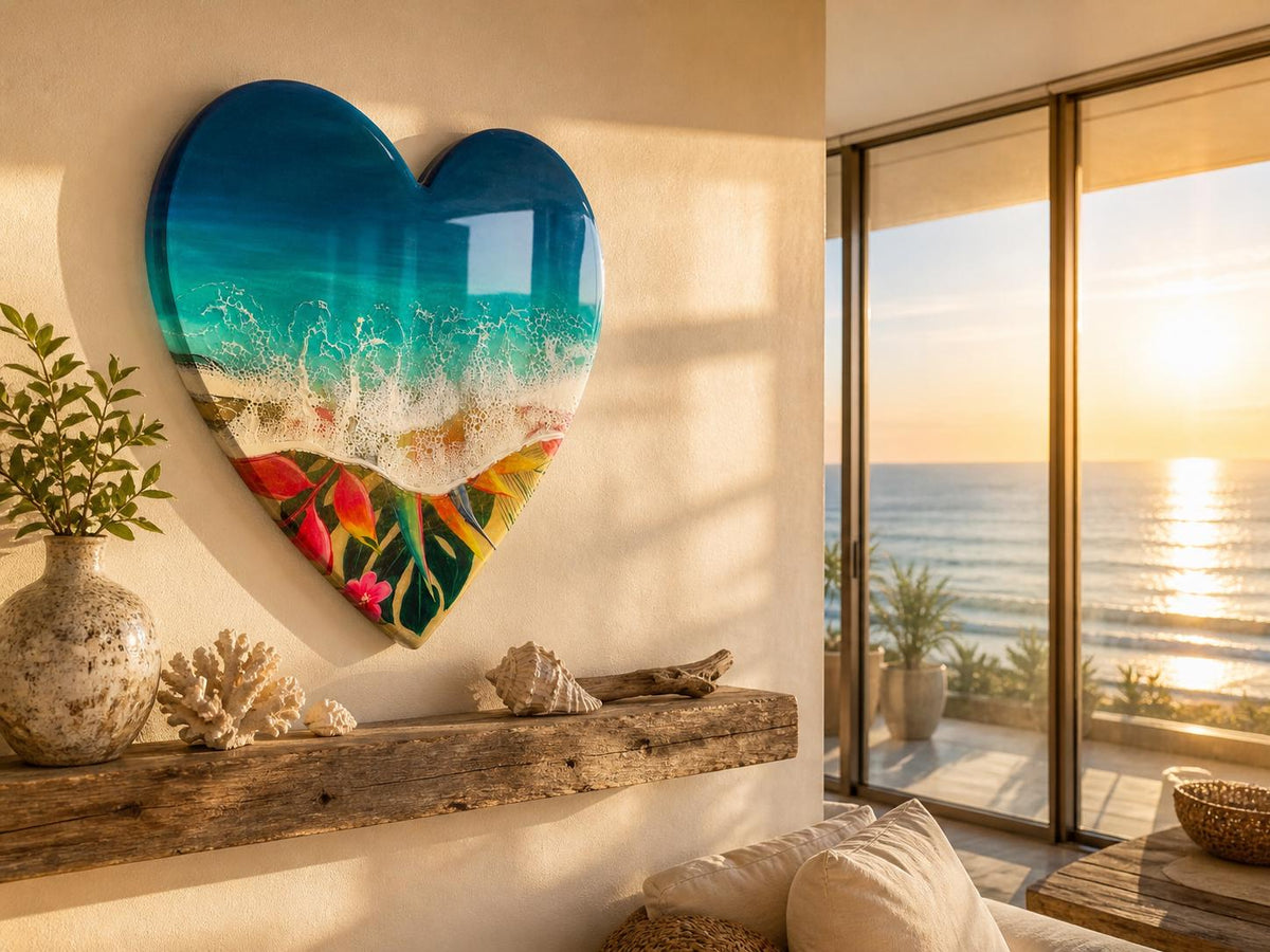 Small Resin Ocean Wall Art 30cm | Heart Beach Decor | Tropical Coastal Gift | Handmade Resin Sea Art | Unique Wall Hanging