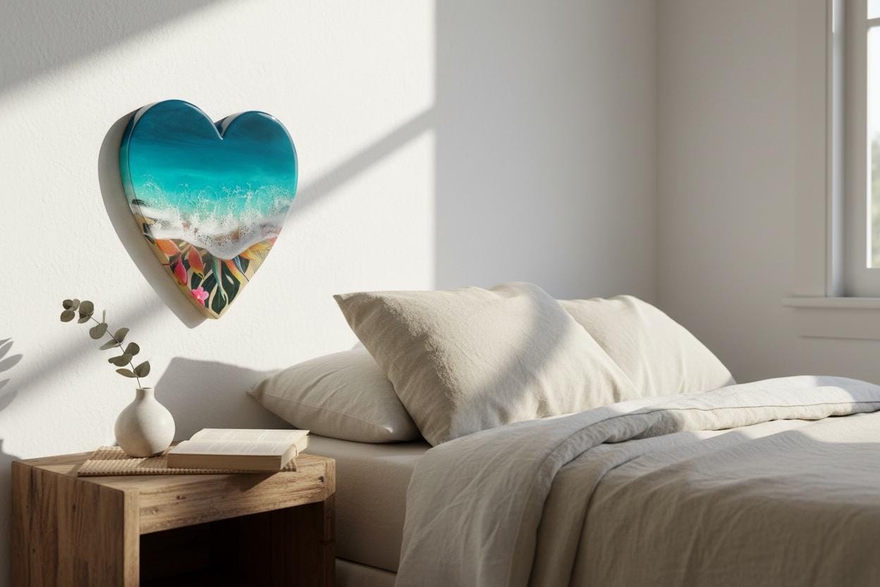 Small Resin Ocean Wall Art 30cm | Heart Beach Decor | Tropical Coastal Gift | Handmade Resin Sea Art | Unique Wall Hanging