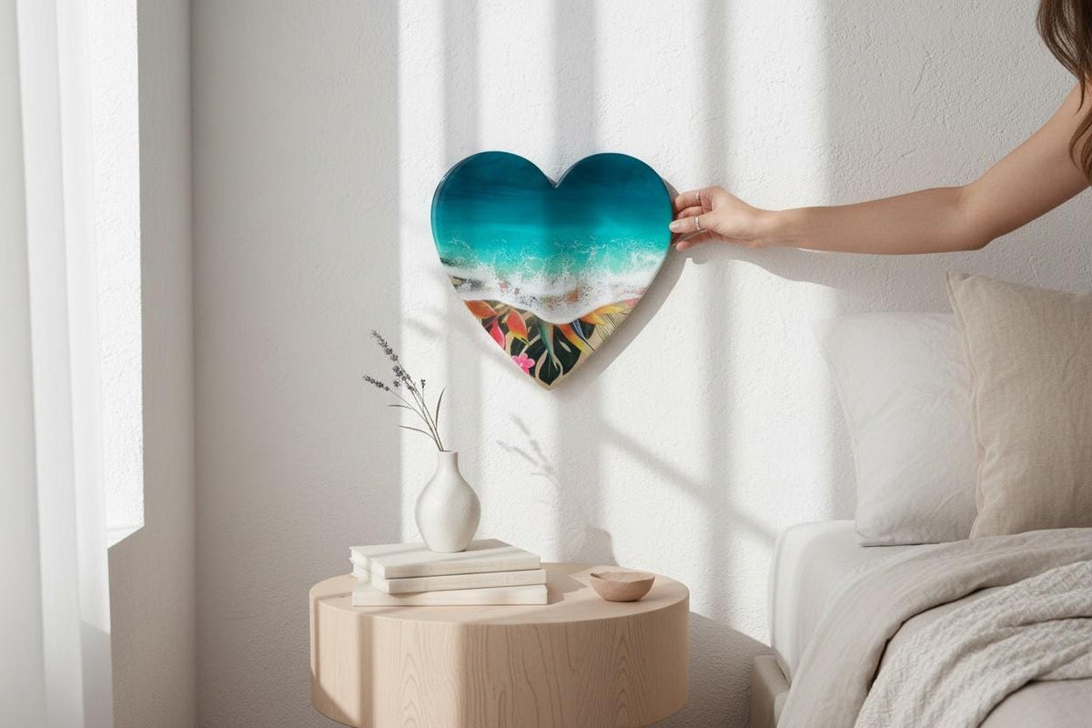 Small Resin Ocean Wall Art 30cm | Heart Beach Decor | Tropical Coastal Gift | Handmade Resin Sea Art | Unique Wall Hanging
