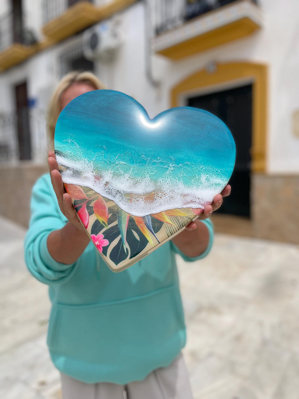 Small Resin Ocean Wall Art 30cm | Heart Beach Decor | Tropical Coastal Gift | Handmade Resin Sea Art | Unique Wall Hanging