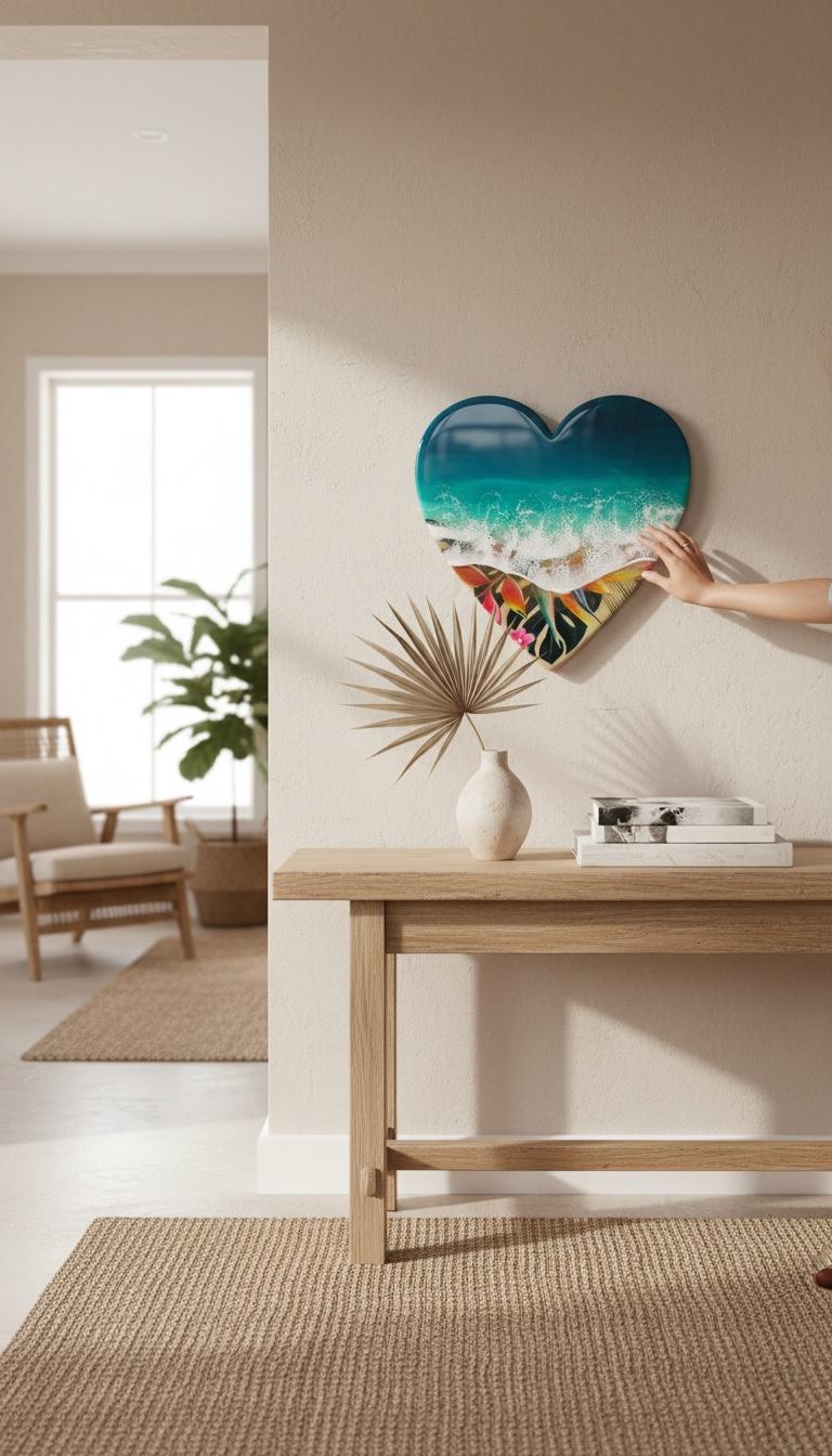 Small Resin Ocean Wall Art 30cm | Heart Beach Decor | Tropical Coastal Gift | Handmade Resin Sea Art | Unique Wall Hanging