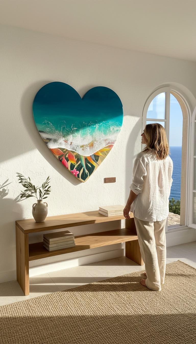 Medium Resin Ocean Wall Art 50cm | Tropical Beach Heart Decor | Coastal Home Decor | Handmade Sea Wave Art | Unique Resin Artwork