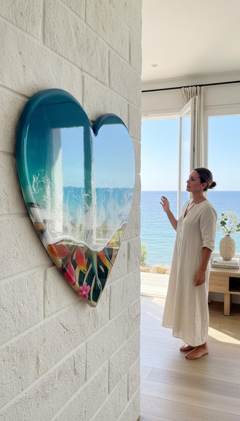 Medium Resin Ocean Wall Art 50cm | Tropical Beach Heart Decor | Coastal Home Decor | Handmade Sea Wave Art | Unique Resin Artwork