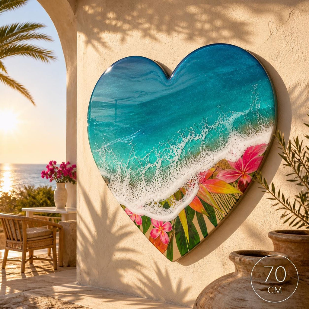 Medium Resin Ocean Wall Art 50cm | Tropical Beach Heart Decor | Coastal Home Decor | Handmade Sea Wave Art | Unique Resin Artwork