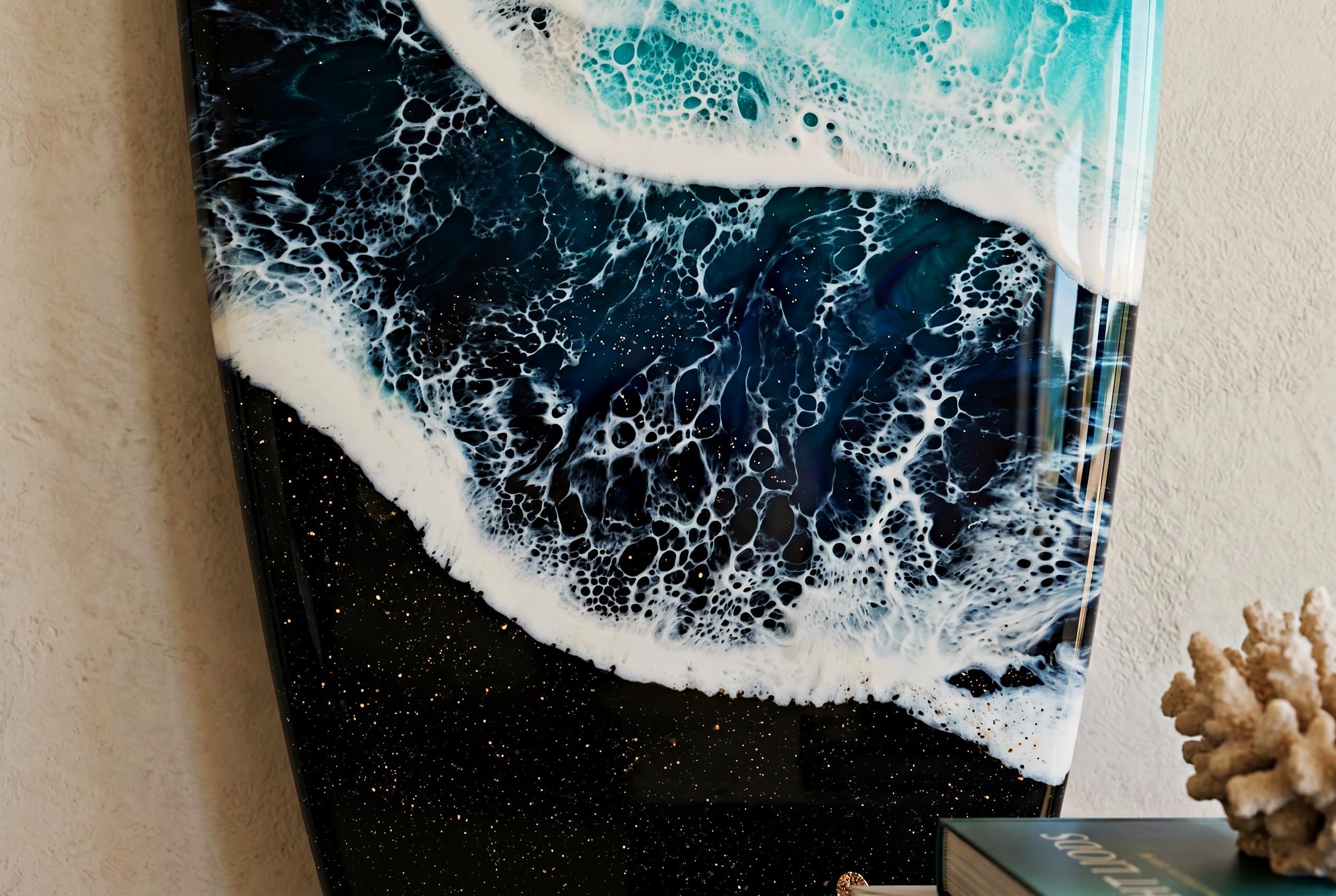 Black Sand Ocean Wave Resin Surfboard Wall Art: Coastal Surf Decor