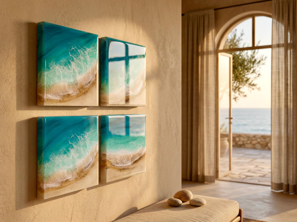 Handmade Resin Ocean Wall Art Block | Luxury Coastal Beach Decor | Mediterranean Villa Style Mini Ocean Artwork | 15x15cm Resin Art