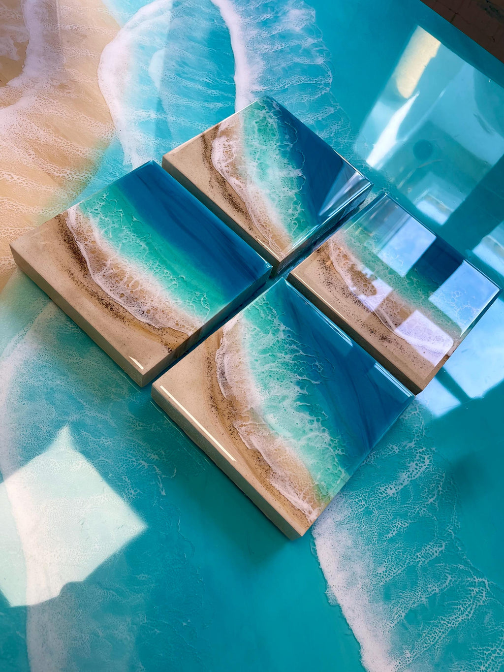 Handmade Resin Ocean Wall Art Block | Luxury Coastal Beach Decor | Mediterranean Villa Style Mini Ocean Artwork | 15x15cm Resin Art