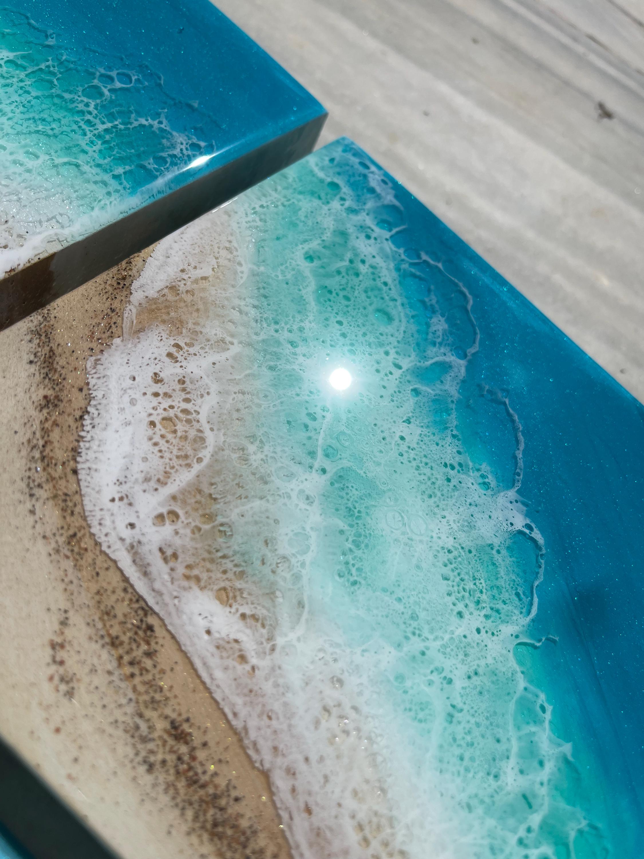Handmade Resin Ocean Wall Art Block | Luxury Coastal Beach Decor | Mediterranean Villa Style Mini Ocean Artwork | 15x15cm Resin Art