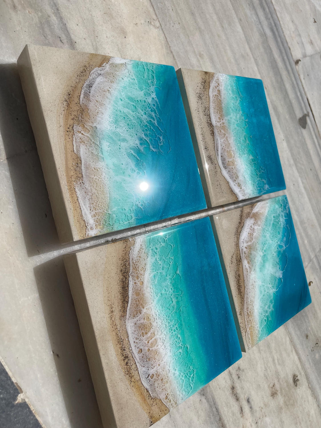 Handmade Resin Ocean Wall Art Block | Luxury Coastal Beach Decor | Mediterranean Villa Style Mini Ocean Artwork | 15x15cm Resin Art