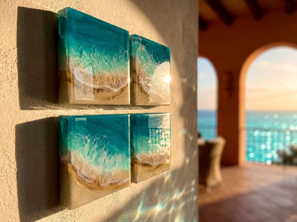 Set of 4 Resin Ocean Wall Art Blocks | Luxury Coastal Wall Decor | Mediterranean Beach Villa Art | Modular Ocean Resin Artwork Set