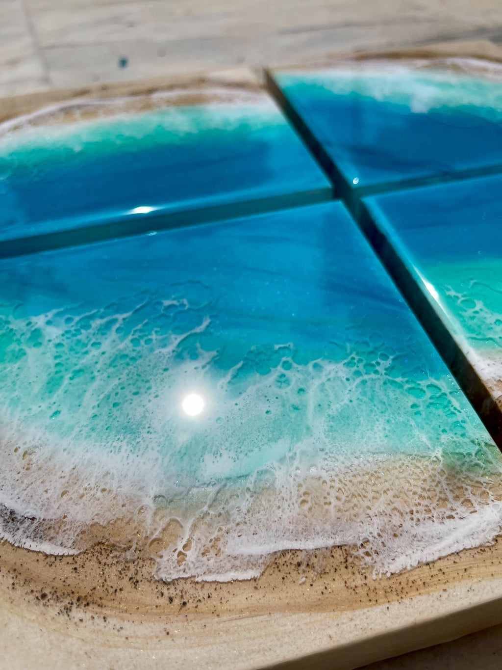 Set of 4 Resin Ocean Wall Art Blocks | Luxury Coastal Wall Decor | Mediterranean Beach Villa Art | Modular Ocean Resin Artwork Set
