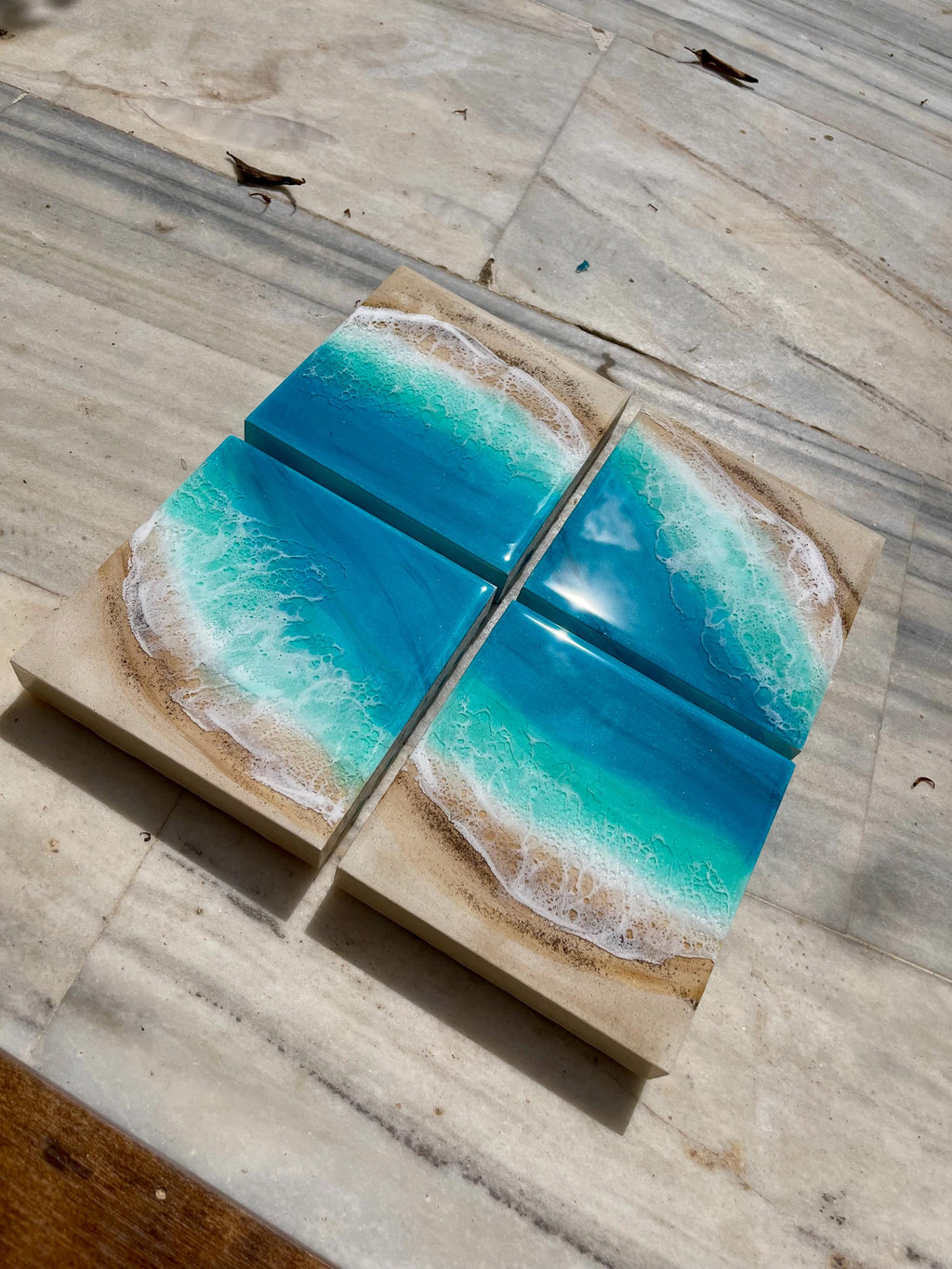 Set of 4 Resin Ocean Wall Art Blocks | Luxury Coastal Wall Decor | Mediterranean Beach Villa Art | Modular Ocean Resin Artwork Set