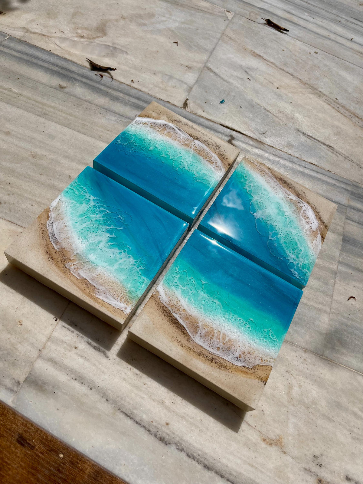 Set of 4 Resin Ocean Wall Art Blocks | Luxury Coastal Wall Decor | Mediterranean Beach Villa Art | Modular Ocean Resin Artwork Set