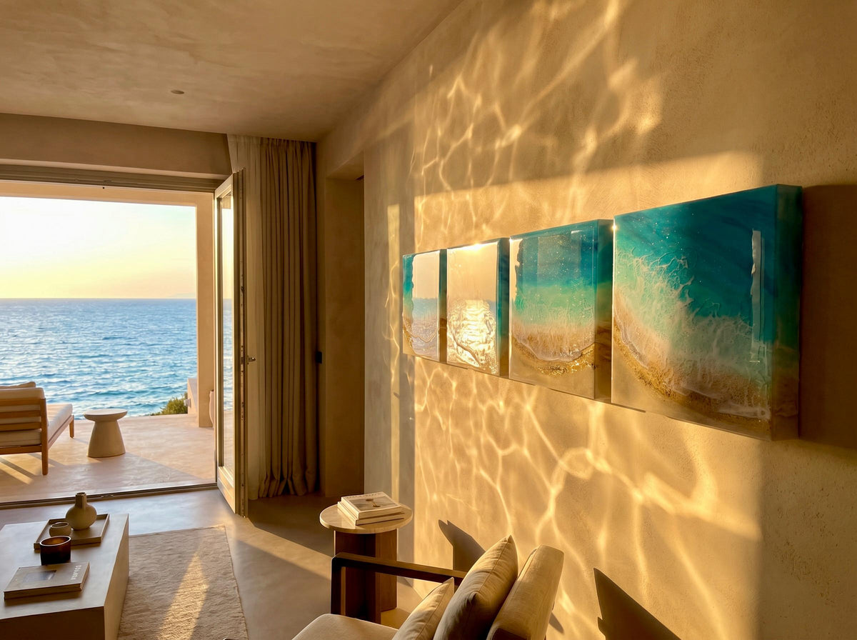 Set of 4 Resin Ocean Wall Art Blocks | Luxury Coastal Wall Decor | Mediterranean Beach Villa Art | Modular Ocean Resin Artwork Set