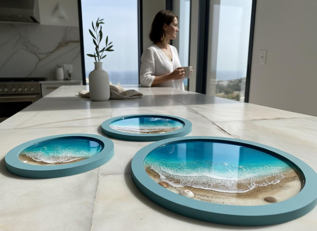 Resin Ocean Wall Art Set of 3 Round Coastal Decor | Beach House Wall Hanging | Luxury Sea Inspired Artwork | Handmade Resin Art