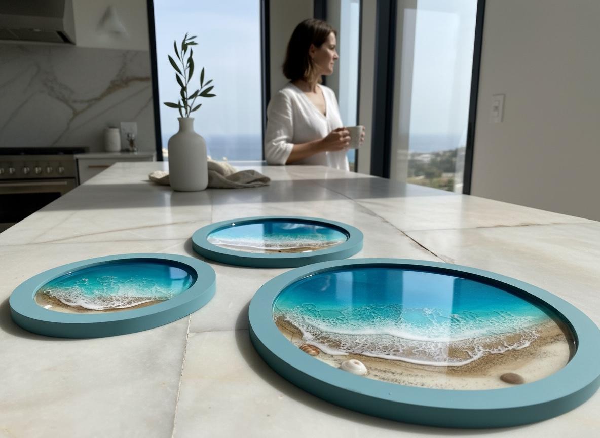 Resin Ocean Wall Art Set of 3 Round Coastal Decor | Beach House Wall Hanging | Luxury Sea Inspired Artwork | Handmade Resin Art