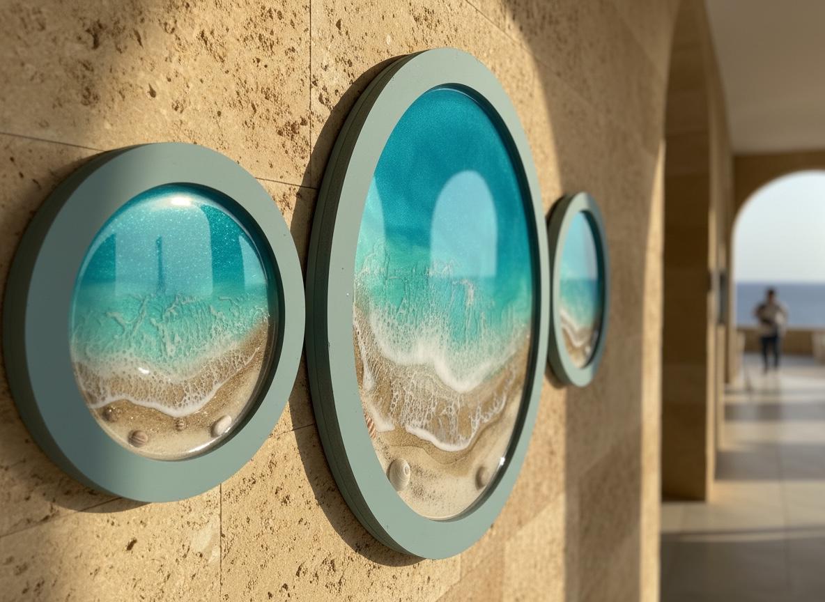 Resin Ocean Wall Art Set of 3 Round Coastal Decor | Beach House Wall Hanging | Luxury Sea Inspired Artwork | Handmade Resin Art