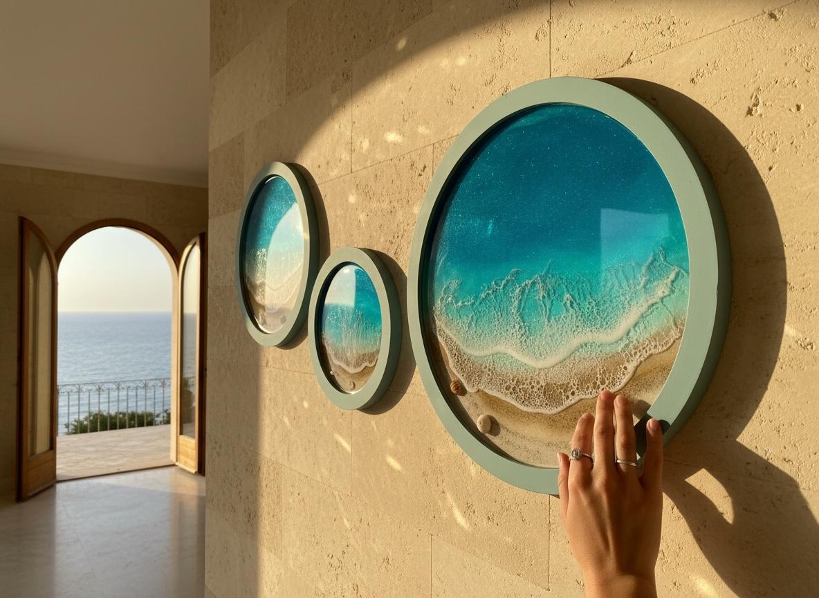 Resin Ocean Wall Art Set of 3 Round Coastal Decor | Beach House Wall Hanging | Luxury Sea Inspired Artwork | Handmade Resin Art