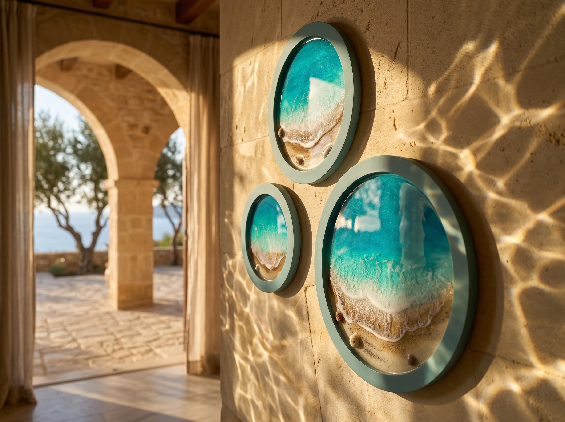 Resin Ocean Wall Art Set of 3 Round Coastal Decor | Beach House Wall Hanging | Luxury Sea Inspired Artwork | Handmade Resin Art