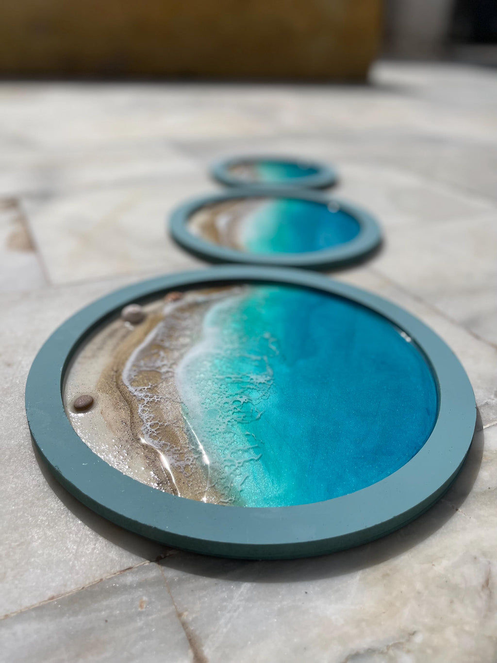 Resin Ocean Wall Art Set of 3 Round Coastal Decor | Beach House Wall Hanging | Luxury Sea Inspired Artwork | Handmade Resin Art