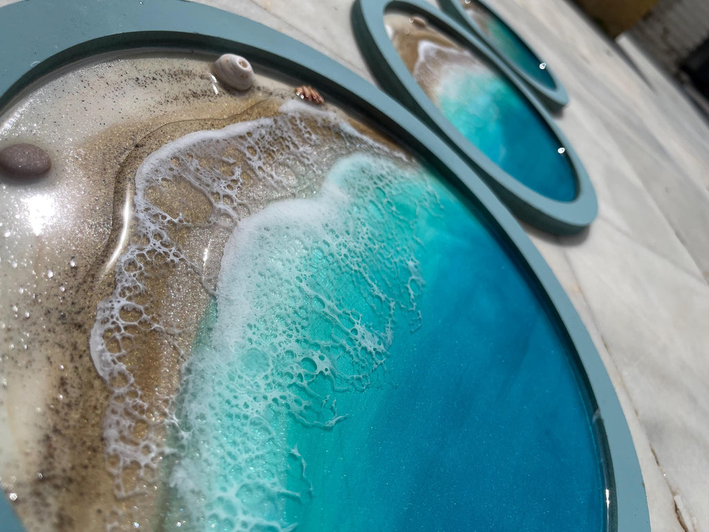 Resin Ocean Wall Art Set of 3 Round Coastal Decor | Beach House Wall Hanging | Luxury Sea Inspired Artwork | Handmade Resin Art
