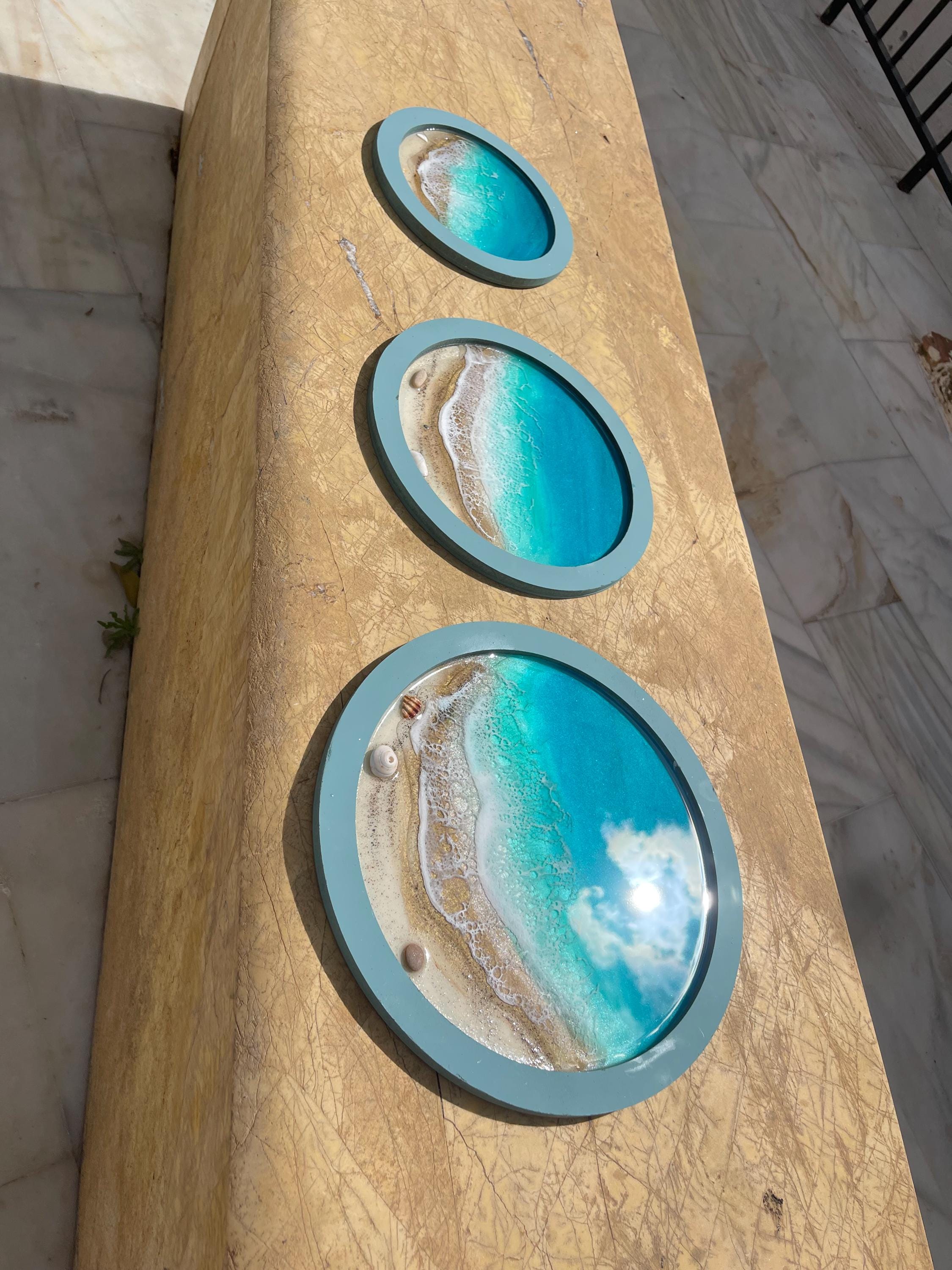 Resin Ocean Wall Art Set of 3 Round Coastal Decor | Beach House Wall Hanging | Luxury Sea Inspired Artwork | Handmade Resin Art