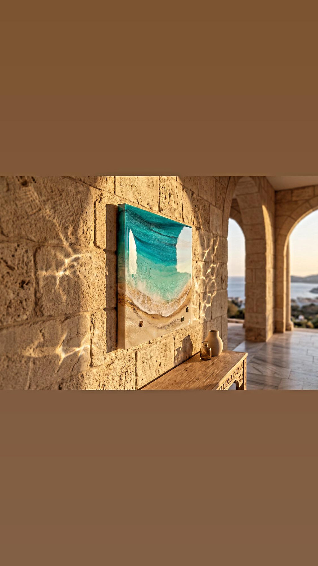 Luxury Resin Ocean Wall Art 30x30 cm | Handmade Coastal Beach Artwork | Modern Mediterranean Decor | Turquoise Resin Painting
