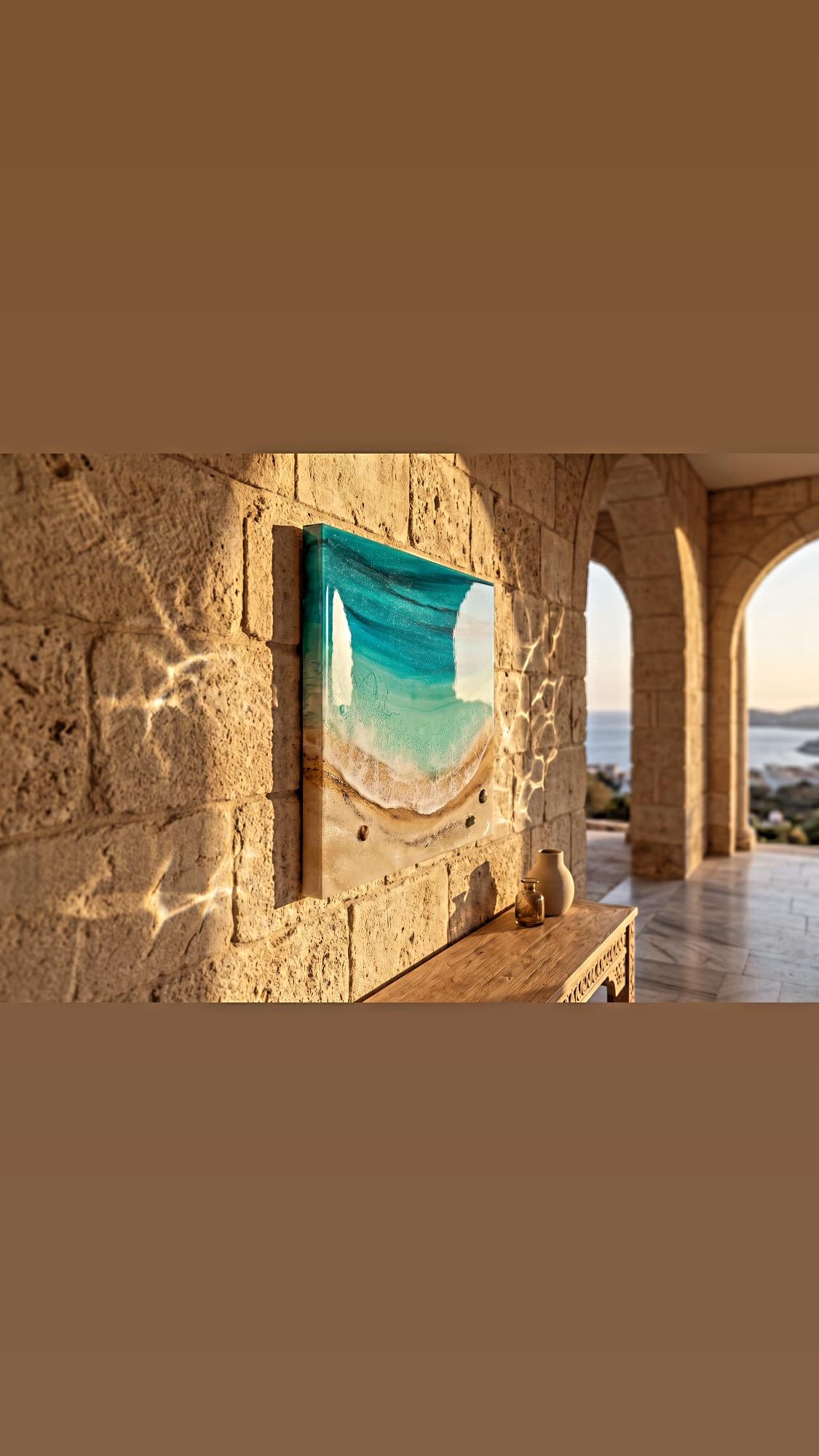 Luxury Resin Ocean Wall Art 30x30 cm | Handmade Coastal Beach Artwork | Modern Mediterranean Decor | Turquoise Resin Painting