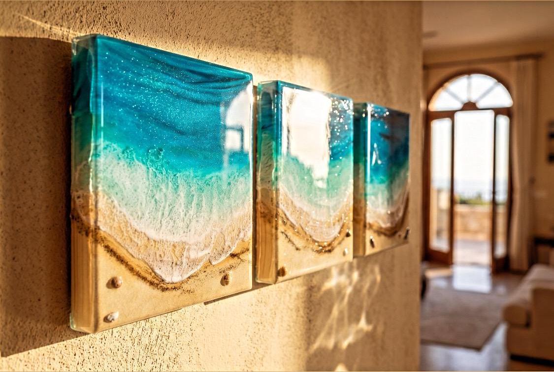 Luxury Resin Ocean Triptych Wall Art | Handmade Coastal Panel Set | Mediterranean Beach Decor | Modern Resin Artwork