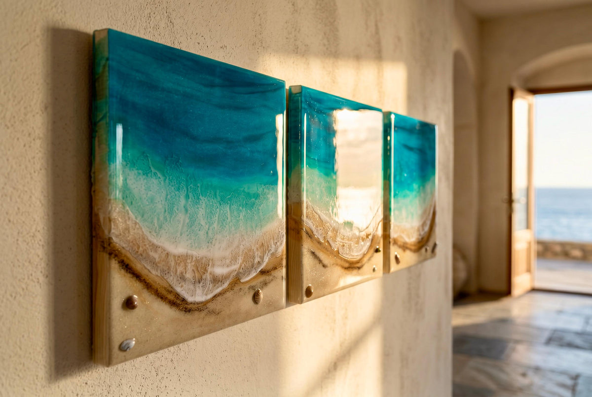 Luxury Resin Ocean Triptych Wall Art | Handmade Coastal Panel Set | Mediterranean Beach Decor | Modern Resin Artwork