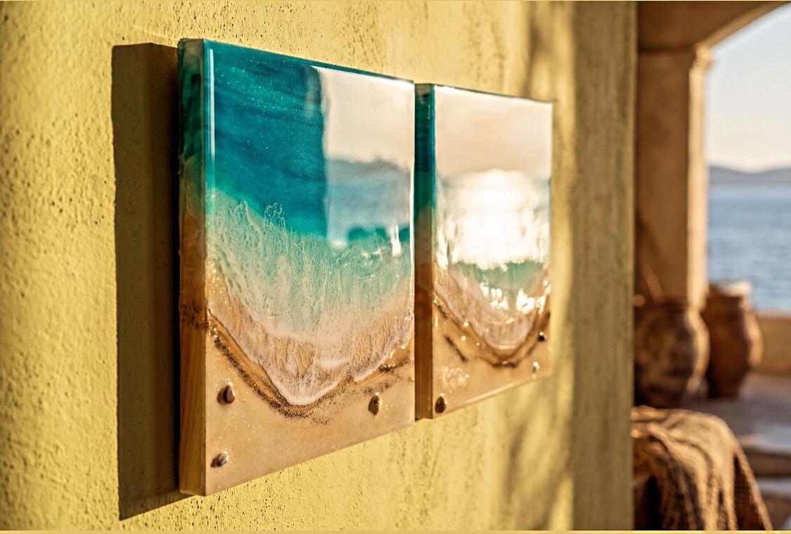 Resin Ocean Diptych Wall Art | Handmade Coastal Beach Panels Set | Luxury Mediterranean Decor | Turquoise Resin Artwork