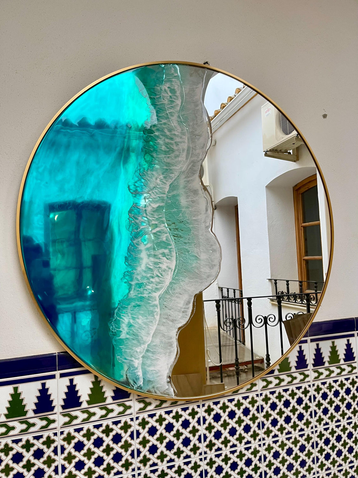 Large Round Resin Ocean Mirror 100 cm | Made to Order Coastal Wall Mirror | Handmade Resin Art Mirror | Gold Frame Statement Mirror