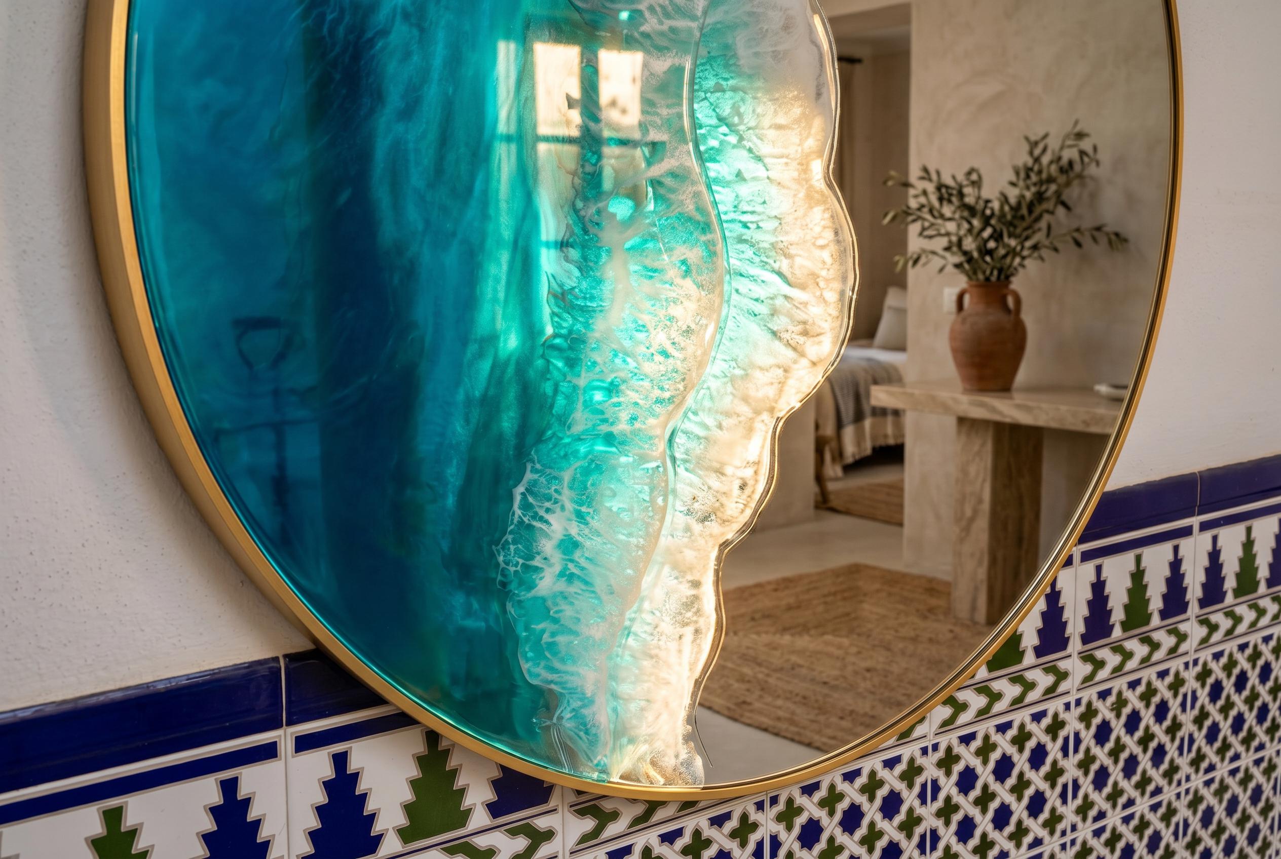 50cm Gold Frame Resin Wave Mirror, Coastal Ocean Wall Mirror, Turquoise Blue Beach House Decor, Round Sea Mirror, Handmade Resin Art