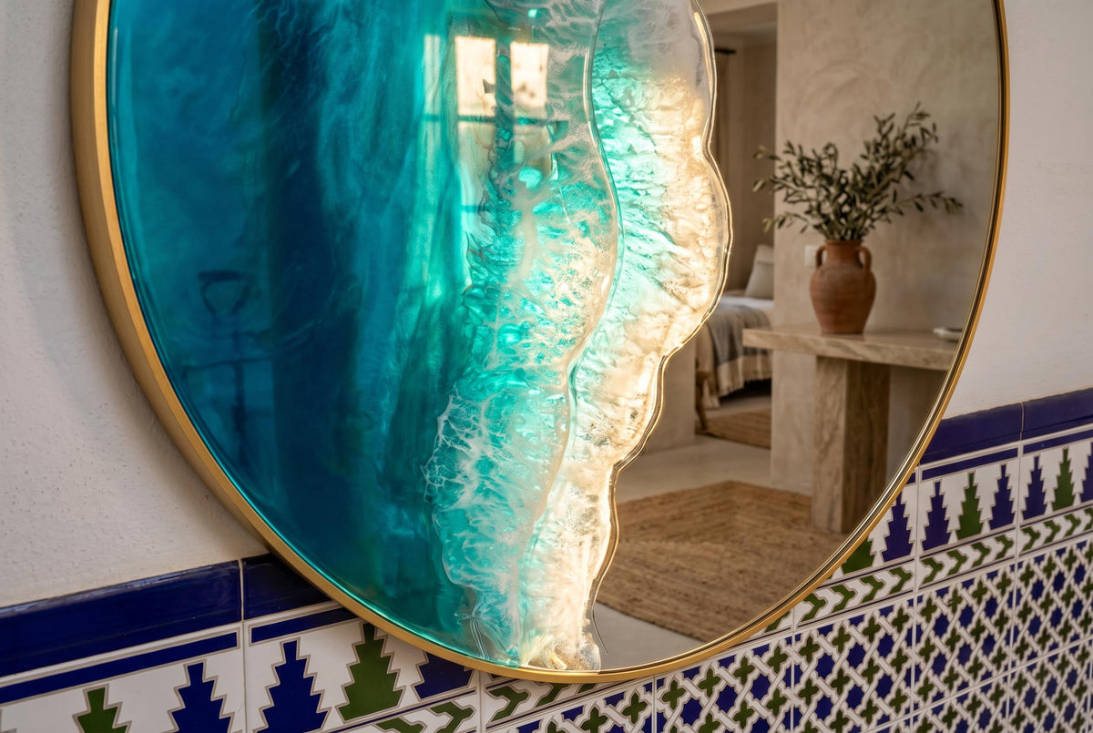 60cm Gold Frame Resin Wave Mirror | Coastal Ocean Wall Mirror | Luxury Beach House Decor | Handmade Resin Art