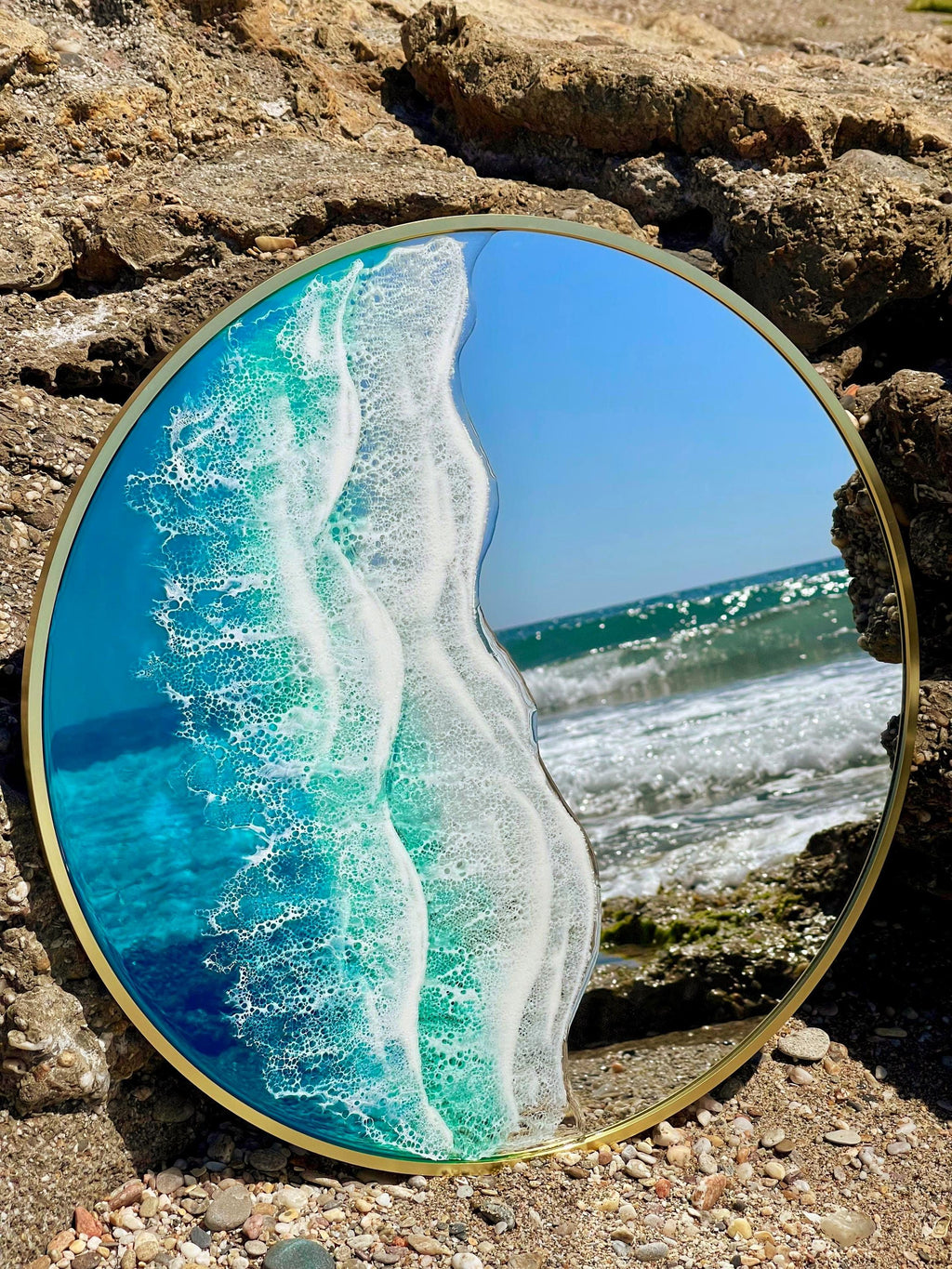50cm Gold Frame Resin Wave Mirror, Coastal Ocean Wall Mirror, Turquoise Blue Beach House Decor, Round Sea Mirror, Handmade Resin Art