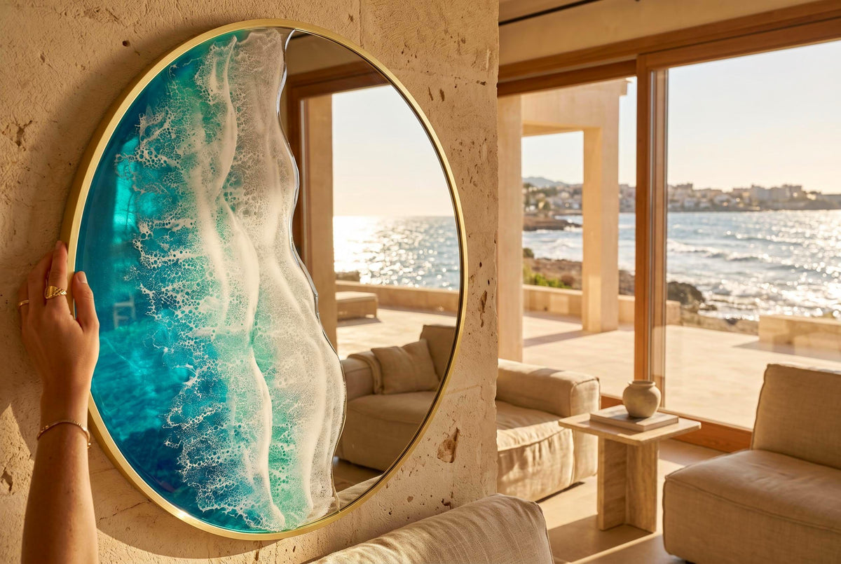 50cm Gold Frame Resin Wave Mirror, Coastal Ocean Wall Mirror, Turquoise Blue Beach House Decor, Round Sea Mirror, Handmade Resin Art