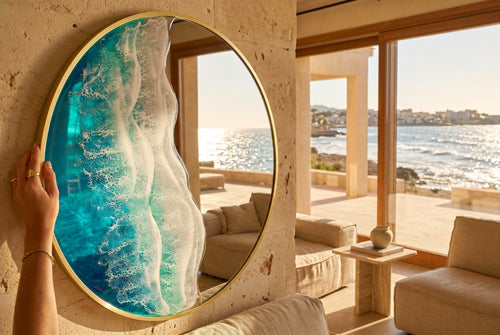 50cm Gold Frame Resin Wave Mirror, Coastal Ocean Wall Mirror, Turquoise Blue Beach House Decor, Round Sea Mirror, Handmade Resin Art
