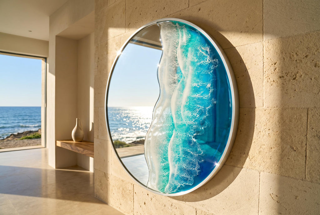 50cm Silver Frame Resin Wave Mirror, Coastal Ocean Wall Mirror, Turquoise Blue Beach House Decor, Round Sea Mirror, Handmade Resin Art