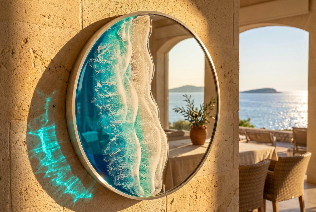 50cm Silver Frame Resin Wave Mirror, Coastal Ocean Wall Mirror, Turquoise Blue Beach House Decor, Round Sea Mirror, Handmade Resin Art