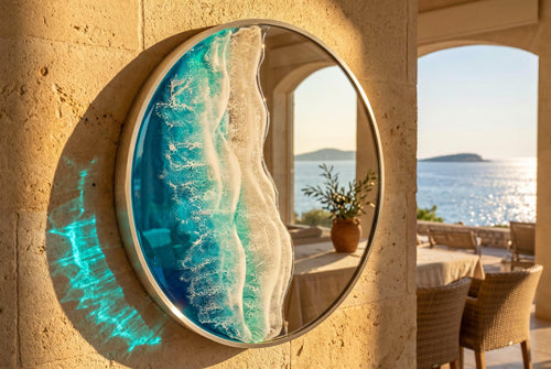 50cm Silver Frame Resin Wave Mirror, Coastal Ocean Wall Mirror, Turquoise Blue Beach House Decor, Round Sea Mirror, Handmade Resin Art