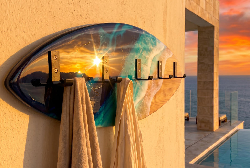 Made to Order Resin Surfboard Wall Rack – Ocean Wave Coat & Towel Hanger – Coastal Entryway Storage – Custom Sizes 100×28 / 120×30 cm