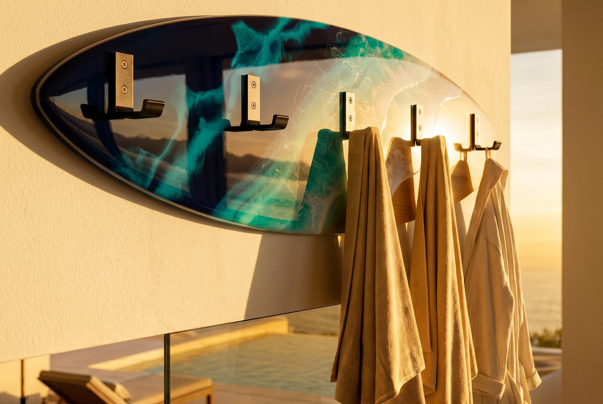 Made to Order Resin Surfboard Wall Rack – Ocean Wave Coat & Towel Hanger – Coastal Entryway Storage – Custom Sizes 100×28 / 120×30 cm