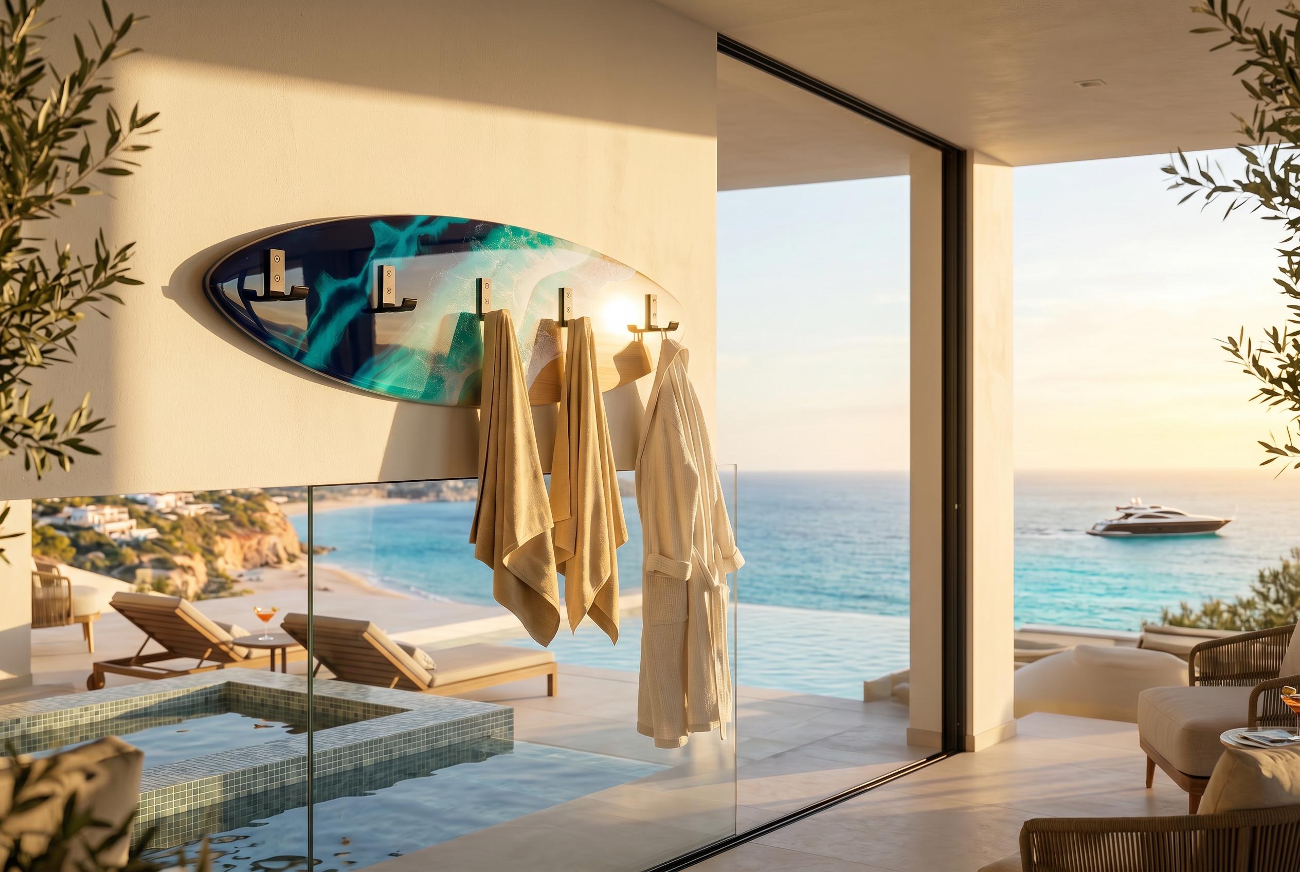 Made to Order Resin Surfboard Wall Rack – Ocean Wave Coat & Towel Hanger – Coastal Entryway Storage – Custom Sizes 100×28 / 120×30 cm