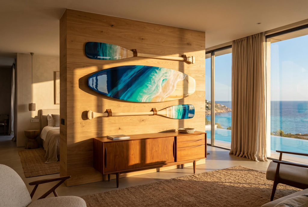 Resin Ocean Surfboard & Oars Wall Art Set • Coastal Home Decor • Handmade Wave Art • 90cm / 120cm Surfboard with Matching Paddles