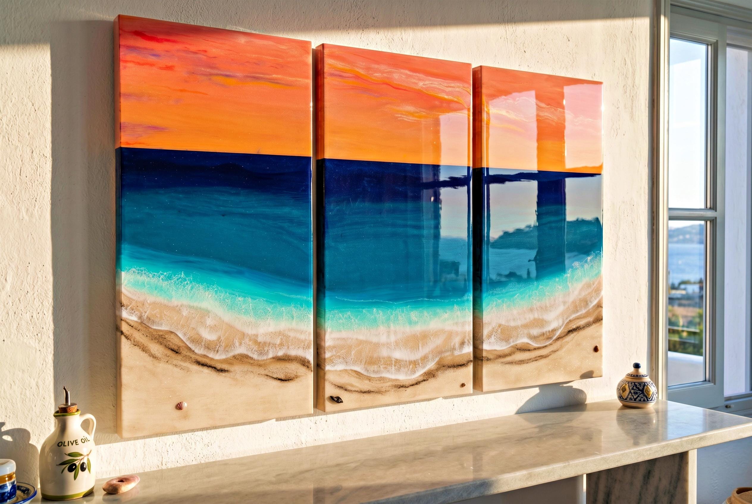 Extra Large Resin Ocean Sunset Triptych | Luxury Coastal Wall Art | Statement Beach House Decor | Handmade Resin Seascape | Oversized Art