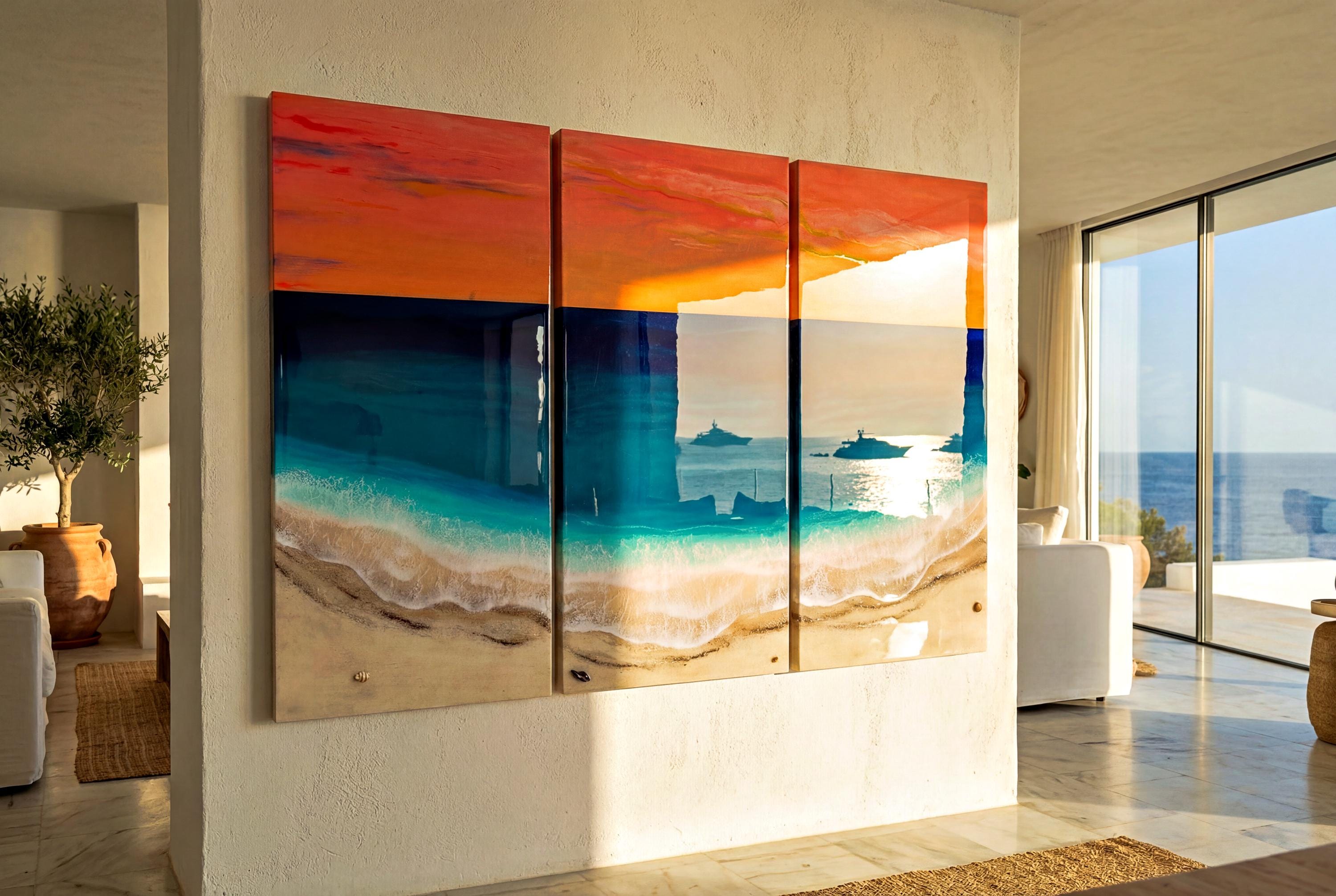 Extra Large Resin Ocean Sunset Triptych | Luxury Coastal Wall Art | Statement Beach House Decor | Handmade Resin Seascape | Oversized Art
