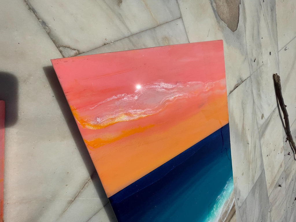 Large Resin Ocean Sunset Triptych Wall Art | Coastal Beach Artwork | Luxury Seascape Painting | Handmade Resin Art | Beach House Decor