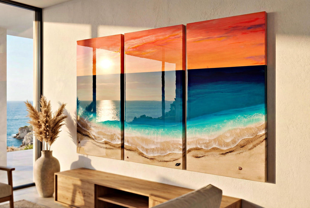 XL Resin Ocean Sunset Triptych Wall Art | Large Coastal Beach Artwork | Luxury Ocean Seascape | Handmade Resin Wall Decor | Beach House Art
