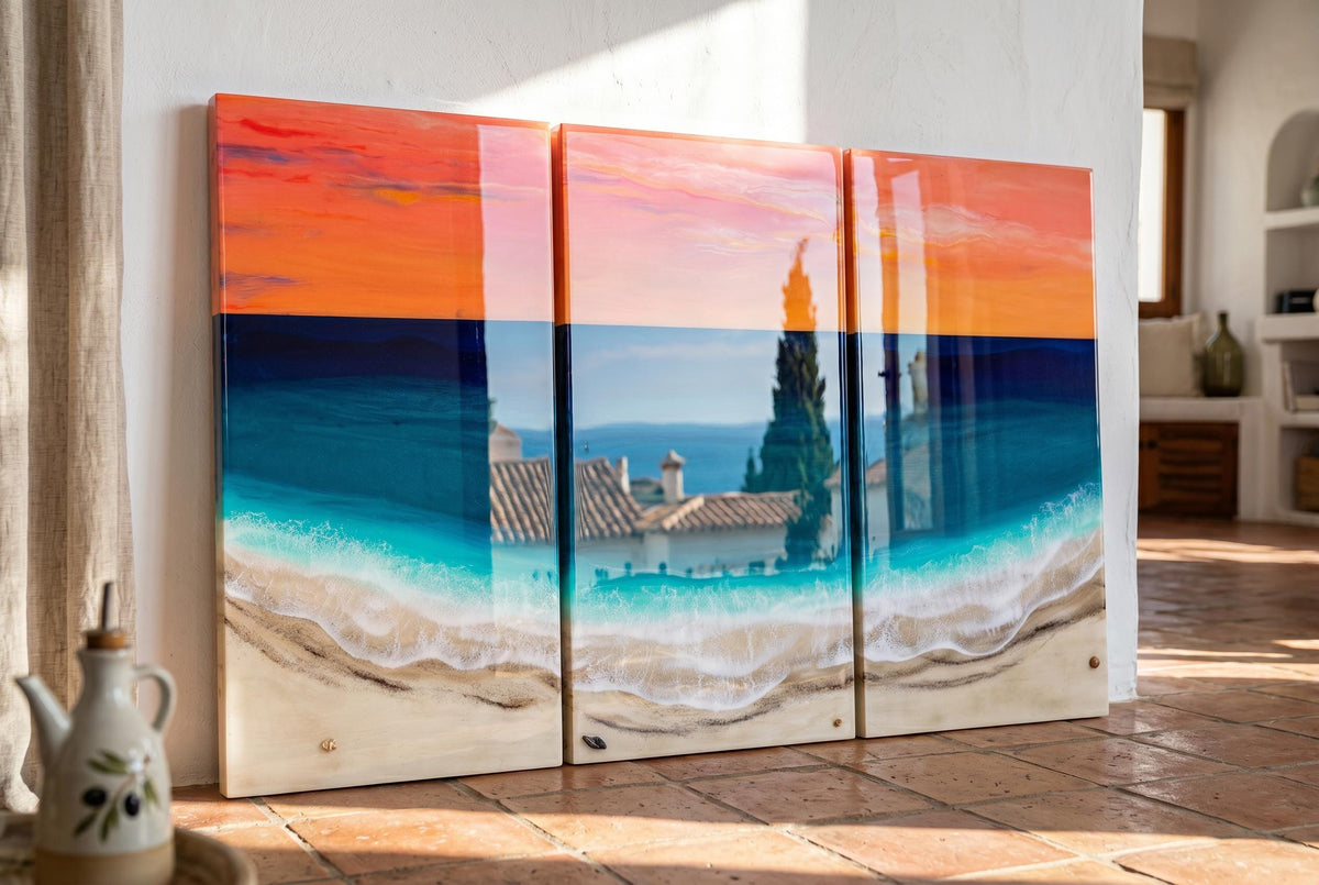 Large Resin Ocean Sunset Triptych Wall Art | Coastal Beach Artwork | Luxury Seascape Painting | Handmade Resin Art | Beach House Decor