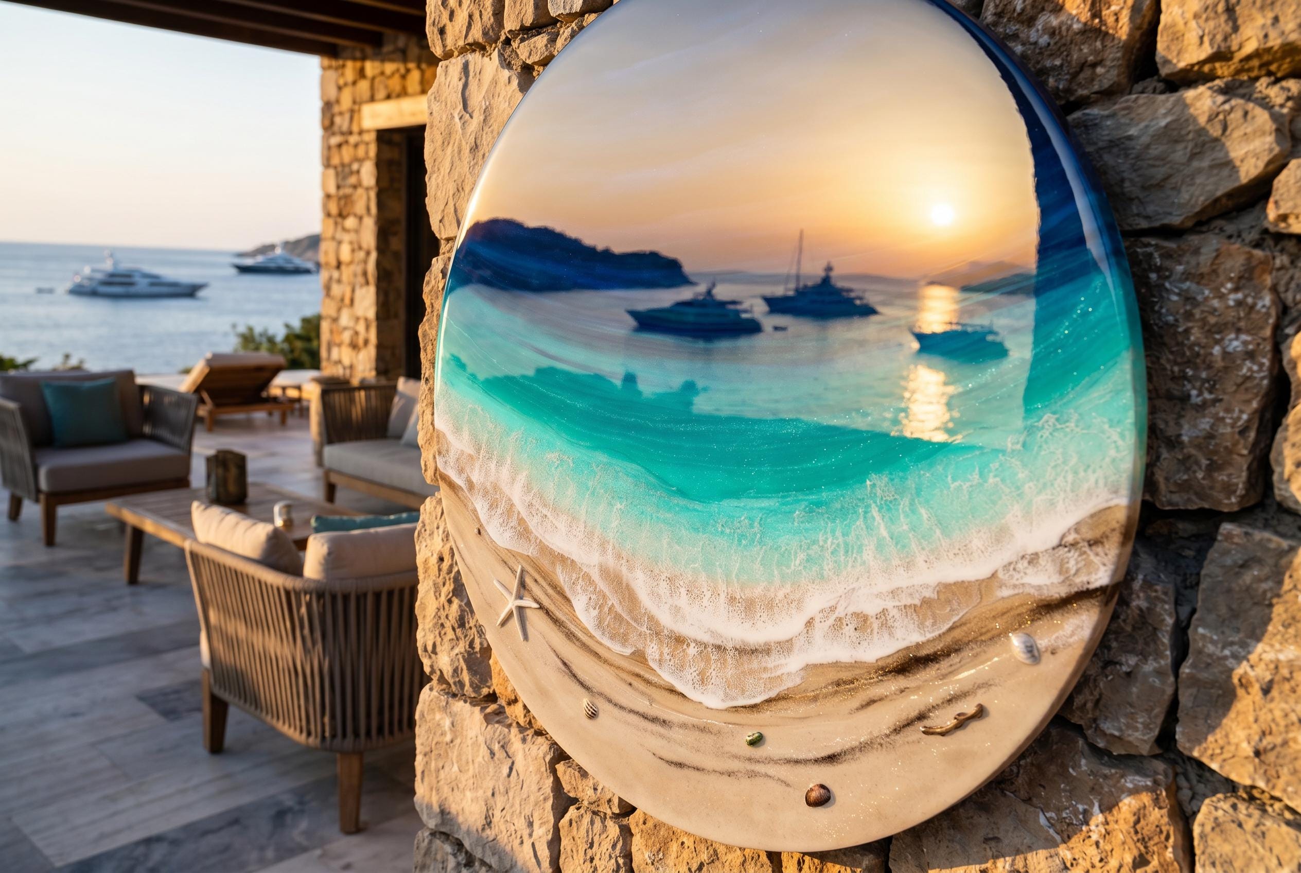 Large Resin Ocean Wall Art – 100cm Round Epoxy Wave Painting – XL 3D Beach Resin Art – Coastal Home Decor – Big Ocean Wall Hanging